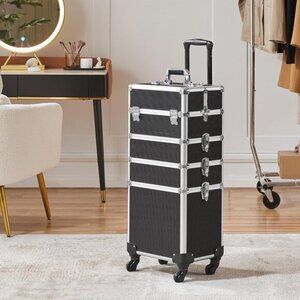 New 5-in-1 Rolling Makeup Train Case, Pro Aluminum Beauty Organizer - Black
